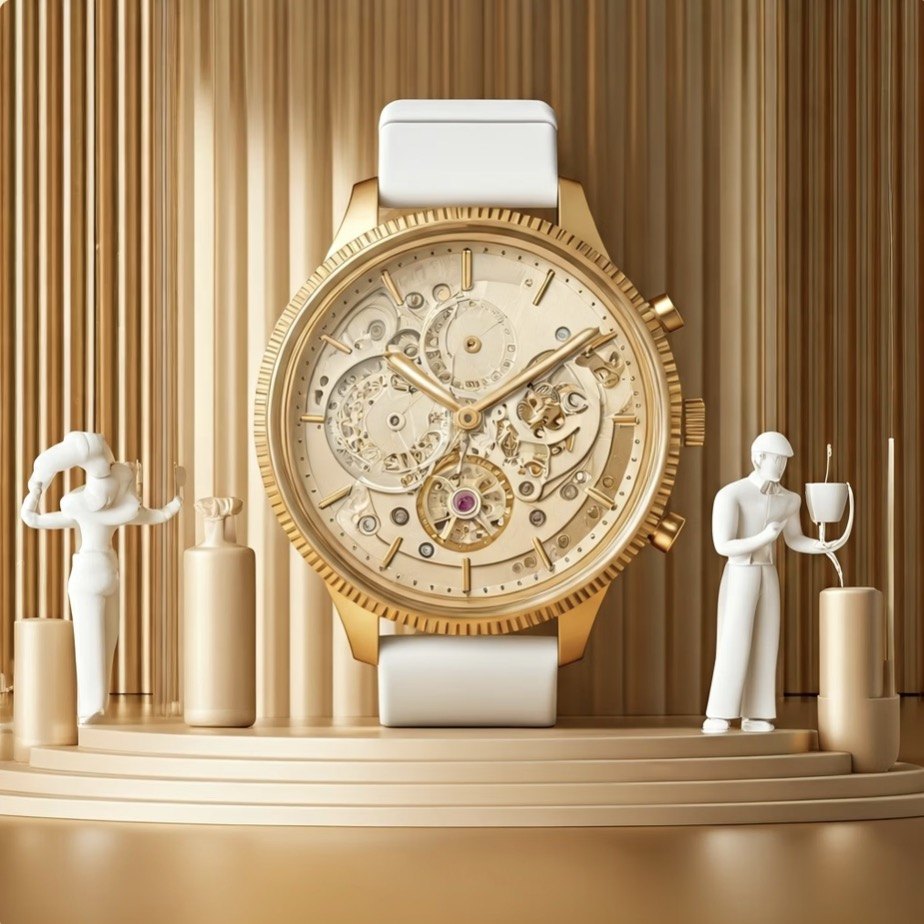 Finished gold watch presented on a podium